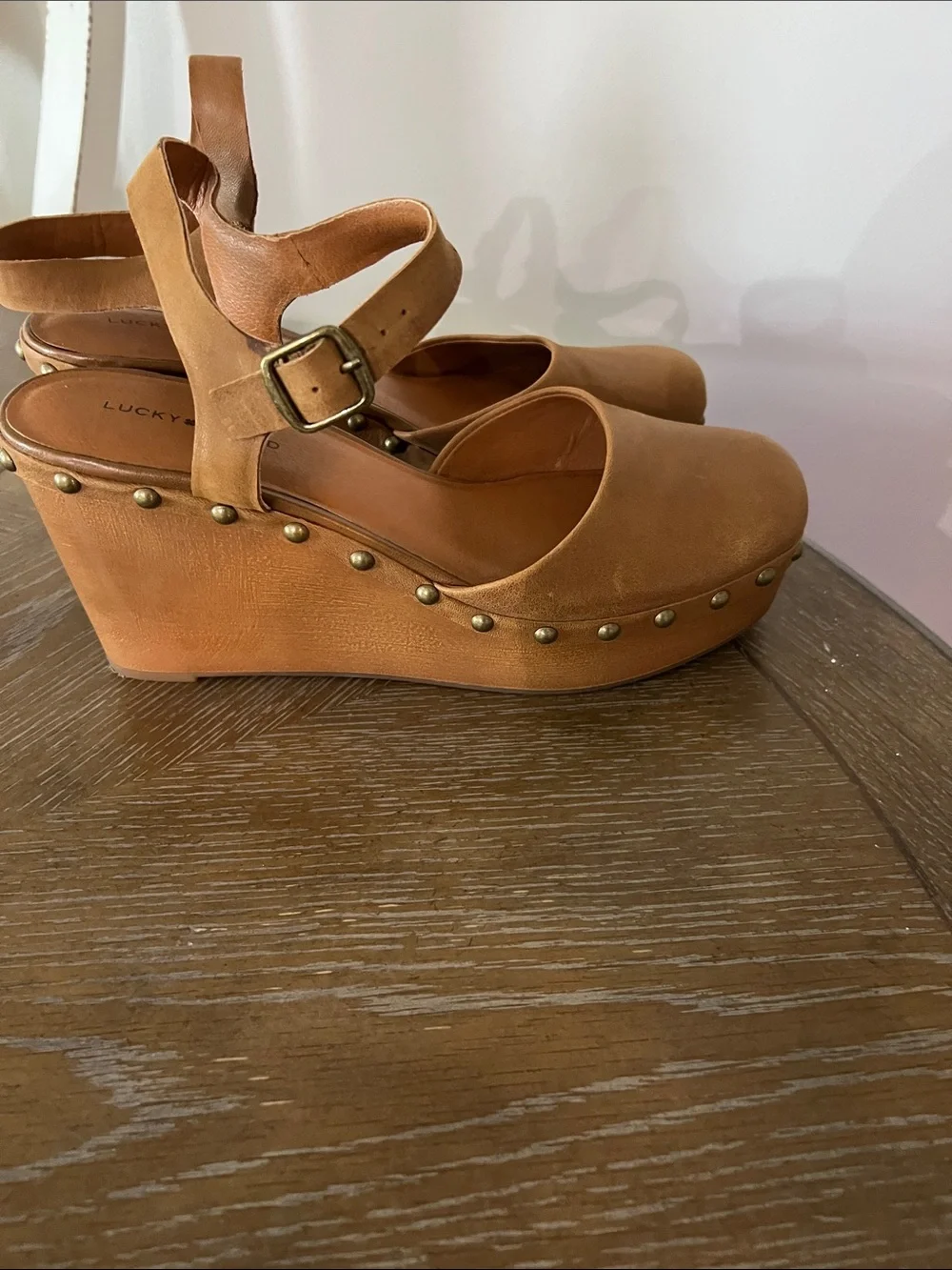 Lucky Brand Cognac Tan Leather Studded Platform Wedge Sandals